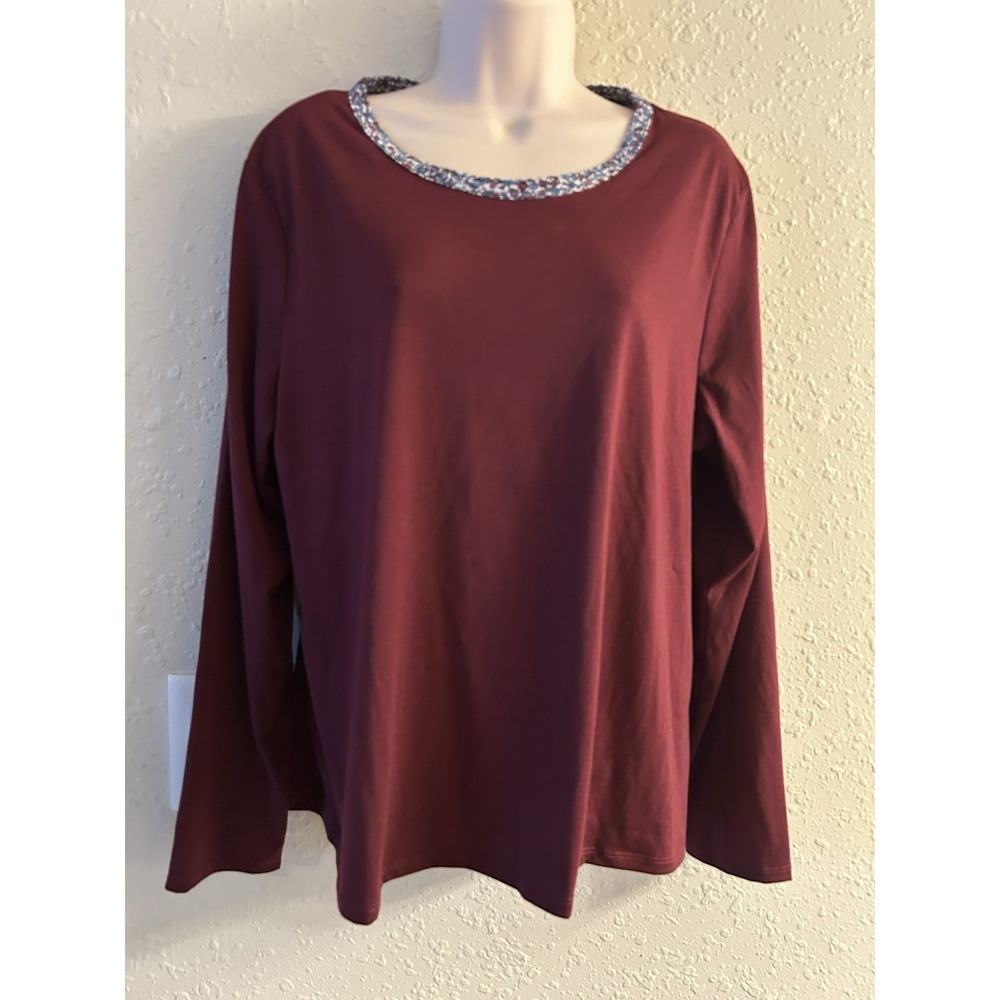 New Large Lands End Floral Collar Burgundy Top #153*8